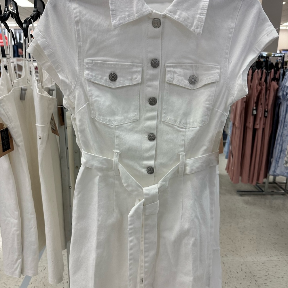 White Button-Down Dress with Belt
